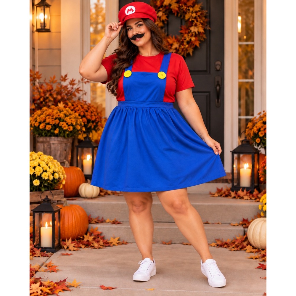 Nintendo Super Mario Costume Womens Dress XL Red Blue Hat Mustache Halloween